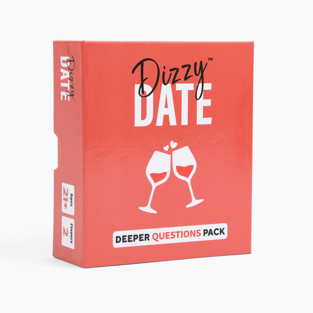 Blue box with 'Dizzy Date' and two clinking wine glasses.